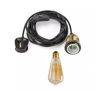 LEDSone Industrial Plug-in Pendant Light with UK Plug & Switch 2m Fabric Flex Cable E27 Vintage Metal Lamp Holder for Ceiling Hanging Light-Retro Lighting for Home Cafe Bar (Black, with Bulb)
