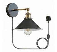 LEDSone Industrial Plug in Wall Light Fixture, Vintage 2m Fabric Cable 3 Pin Wall Mounted Sconce Adjustable Arm 180º E27 Base Antique Retro Metal 22cm Shade for Bedside Kitchen (Black, Without Bulb)