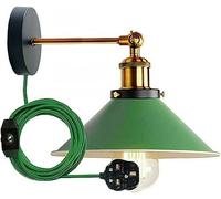 LEDSone Industrial Plug in Wall Light Fixture, Vintage 2m Fabric Cable 3 Pin Wall Mounted Sconce Adjustable Arm 180º E27 Base Antique Retro Metal 22cm Shade for Bedside Kitchen (Green, Without Bulb)