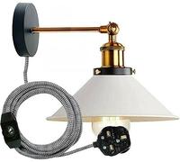 LEDSone Industrial Plug in Wall Light Fixture, Vintage 2m Fabric Cable 3 Pin Wall Mounted Sconce Adjustable Arm 180º E27 Base Antique Retro Metal 22cm Shade for Bedside Kitchen (White, Without Bulb)