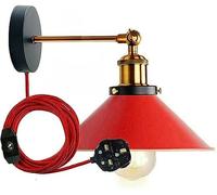 LEDSone Industrial Plug in Wall Light Fixture, Vintage 2m Fabric Cable 3 Pin Wall Mounted Sconce Adjustable Arm 180º E27 Base Antique Retro Metal 22cm Shade for Bedside Kitchen (Red, with Bulb)