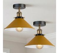 LEDSone Pack of 2 E27 Flush Fitting Ceiling Light with 22cm Yellow Conical Lampshade Easy Fit Anti Rest Premium Quality Vintage Semi Flush Mount Ceiling Lighting for Bedroom, Kitchen with EPC A+ Bulb