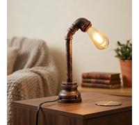 LEDSone Industrial Steampunk Pipe Table Lamp Vintage Retro Desk Light 34cm Brushed Copper E27 Bedside Lamp for Living Room, Bedroom, Study, Office Décor