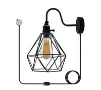 LEDSone Industrial Swan Neck Metal arm Plug in Wall Light, Vintage Wall Lamp, Wire cage Wall Sconce E27 Base lamp Holder with On/Off Switch for Office (Black)