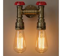 LEDSone Industrial Twin Water Pipe Wall Light Brushed Copper E27 Red Valve