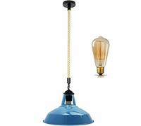 LEDSone Industrial Vintage Retro Style Ceiling Hanging Hemp Rope Pendant Lampshade with Black Barn Slotted Light Shades E27 UK Holder, Adjustable Cord E27 Pendant (Blue, with Bulb)