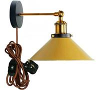 LEDSone 22cm Cone Shaped Industrial Wall Sconce Light Adjustable Plug in Wall Lamp with Yellow Brass Arm, Dimmer Switch and Lamp Shade for Restaurant and Any Other Special Places