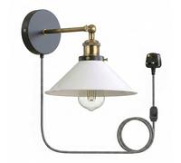 LEDSone 22cm Cone Shaped Industrial Wall Sconce Light Adjustable Plug in Wall Lamp with Yellow Brass Arm, Dimmer Switch and Lamp Shade for Restaurant and Any Other Special Places