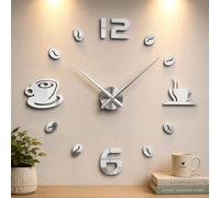 LEDSone Large 3D Frameless Coffee Cup Wall Clock Silver - DIY Acrylic Wall Stickers, Modern Café-Style Home Decoration for Living Room, Kitchen & Bedroom