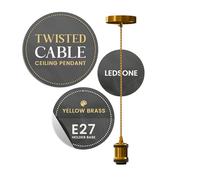LEDSone Yellow Brass Vintage Metal Ceiling Pendant Light Fitting, Gold Twisted Braided Flex 1m Cable, E27 Lamp Holder Suspended Pendant Light Fitting Kit for Indoor Lightings