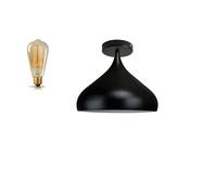 LEDSone Modern Flush Mount Ceiling Light Fitting, Island Farmhouse Industrial E27 Retro Pendant Light with Large Metal Light Lamp Shade for Kitchen, Bedroom (Black, with Bulb)