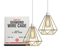 LEDSONE Modern Geometric Diamond Pendant Lampshade - Metal Wire Cage, Black, 14.5x20cm, Ideal for Living Room, Kitchen, Restaurant, Office (Gold 2 Pack)