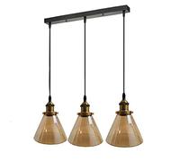 LEDSone Modern Industrial 3 Light Pendant Ceiling Fixture with Amber Glass Shades Adjustable Hanging Light for Kitchen Island, Dining Room, Bar, Vintage Brass Finish