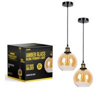 LEDSone Modern Industrial Amber Glass Globe Ceiling Pendant Light Indoor Hanging Pendant Light for Basement Bedroom Conservatory Dining Room Kitchen (2 Pack + Without Bulb)