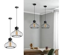 LEDSone Modern Industrial Black Metal Cage Pendant Light 2 Pack Adjustable Hanging Ceiling Lamp with E27 Socket Loft Style Fixture for Kitchen, Dining Room, Bedroom, Living Room