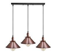 LEDSone Modern Industrial Copper 3 Way Hanging Ceiling Pendant Light Metal Cone Shape Indoor Fitting for Bar, Bedroom, Conservatory, Dining Room, Foyer, Guestroom (with Bulb, 3Head Rectangle Base)