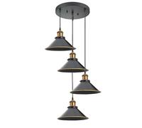 LEDSone Modern Vintage Black 4 Head Pendant Light Fittings, Flat Cone Shade Suspended Loft Hanging Pendant Ceiling Lights with Adjustable Cable for Kitchen Island Living Room Dining Room (4 Head)