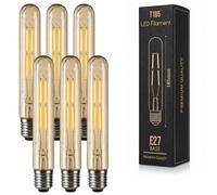 LEDSone Pack 6, LED Tubular E27 Light Bulb, T185 4W (40W Equivalent) Dimmable 2700K WarmWhite AmberGlass 450 Lumen | ES Screw LED Filament Vintage Bulb for Long Cage Lamp Decor (T185-4 Watt - E27)