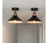 LEDSone 2 Pack Vintage Style Conical Semi Flush Ceiling Light with E27 Base Holder and 22cm Black Inner Inner Lampshade Perfect for Kitchen Bedroom Hallway Living Room with Bulb