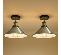 E27 Base Semi-Flush Mount Ceiling Lamp with 22cm Green Brass Conical Lampshade Easy Fit Durable Metal Vintage Ceiling Lighting for Living Room, Bedroom, Dining Room, Kitchen with - EPC A+ Bulb 2 Pack