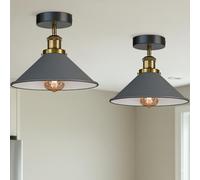 LEDSone Pack of 2 E27 Semi-Flush Mount Ceiling Lamp 22cm Grey Conical Shade Vintage Ceiling Lighting for Living Room, Bedroom, Dining Room, Kitchen Easy Fit Anti Rust Durable Metal