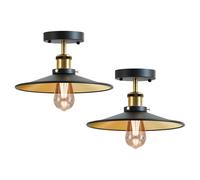 LEDSone Pack of 2 E27 Vintage Flush Mount Ceiling Light with 22cm Black Inner Gold Lampshade Easy Fit Metal LED Farmhouse Ceiling Lighting Chandelier Lamp for Kitchen Hallway Livingroom EPC