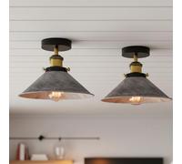 LEDSone Pack of 2 Industrial Ceiling Light E27 Base Semi Flush Mount Vintage Farmhouse Loft Lighting Fixture with 22cm Metal Brushed Silver Cone Shade for Bedroom Kitchen Hallway