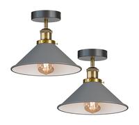 Pack of 2 E27 Flush Ceiling Light with 22cm Grey Cone Lampshade Easy Fit Premium Quality Anti Rust Durable Metal Mount Lighting for Living Room, Bedroom, Dining Room, Kitchen with Bulb EPC A+ Bulb