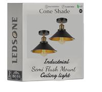 LEDSone Pack of 2 Industrial Flush Mount Ceiling Lamp Easy Fit E27 Semi Flush Metal Ceiling Light Fixture for Kitchen, Hallway, Bedroom with 22cm Black Inner Gold Cone Lampshade and Bulb