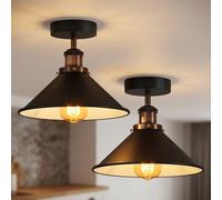 LEDSone 2 Pack Vintage Style Conical Semi Flush Ceiling Light with E27 Base Holder and 22cm Black Inner Inner Lampshade Perfect for Kitchen Bedroom Hallway Living Room with Bulb