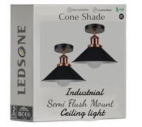 LEDSone 2 Pack Vintage Style Conical Semi Flush Ceiling Light with E27 Base Holder and 22cm Black Inner Inner Lampshade Perfect for Kitchen Bedroom Hallway Living Room with Bulb