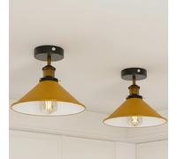 LEDSone Pack of 2 E27 Flush Fitting Ceiling Light with 22cm Yellow Conical Lampshade Easy Fit Anti Rest Premium Quality Vintage Semi Flush Mount Ceiling Lighting for Bedroom, Kitchen with EPC A+ Bulb