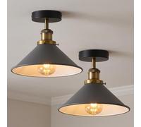 Pack of 2 E27 Flush Ceiling Light with 22cm Grey Cone Lampshade Easy Fit Premium Quality Anti Rust Durable Metal Mount Lighting for Living Room, Bedroom, Dining Room, Kitchen with Bulb EPC A+ Bulb