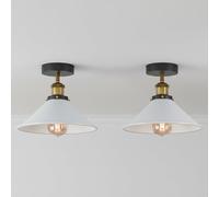 LEDSone Pack of 2 Semi Flush Mount Ceiling Lights with E27 Base Easy Fit Rust Free 22cm White Cone Lampshade Industrial Vintage Ceiling Lighting Fixture for Kitchen, Bedroom, Dining Room with Bulb