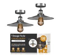 LEDSone Pack of 2 Vintage Semi Flush Ceiling Lights Fixture with E27 Holder 22cm Satin Nickel Lampshade Durable Metal Perfect Chandeliers for LED Kitchen Island, Living Room, Bedroom with Bulb EPC