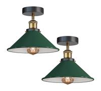 2 Pack Vintage Semi Flush Mount Ceiling Light with 22cm Green Cone Shade and E27 Base Lampholder for Kitchen Living Room Bedroom with Bulb Easy to Install Durable Metal Energy Efficient A+++