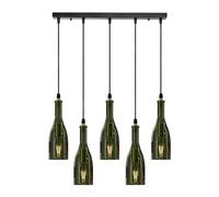 LEDSone Retro 5 Lights Wine Bottle Pendant Chandelier, Industrial Hanging Fixture with Green Color Glass Shades, E27 Ceiling Light for Restaurant, Café, Dining Room