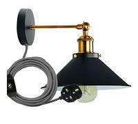 LEDSone Retro Industrial Wall Light Plug in Wall Lamp Metal Cone Shape Shade Indoor Light Fitting with Dimmer Switch for Bedroom Hallway Restaurants (Black, with Bulb)
