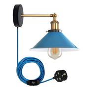 LEDSone Retro Industrial Wall Light Plug-in Wall Lamp Metal Cone Shape Shade Indoor Light Fitting with Dimmer Switch for Bedroom Hallway Restaurants (Blue, with Bulb)