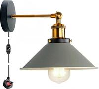 LEDSone Retro Industrial Wall Light Plug-in Wall Lamp Metal Cone Shape Shade Indoor Light Fitting with Dimmer Switch for Bedroom Hallway Restaurants (Grey, with Bulb)