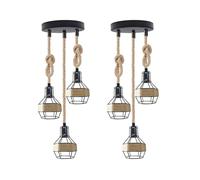 LEDSone Retro lamp 3 Head Light Hemp Pendant Light 16cm cage lamp Shade Set of 2 Ceiling Light Shade Fitting with E27 Adjustable Hanging Rope Light for Living Room, Kitchen lamp