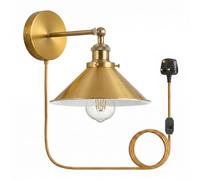 Retro Plug in Wall Light Lamps with 2m Plug in Cable Cord and Dimmer Switch, Edison Metal Swing Adjustable E27 Wall Sconce, Vintage Industrial Indoor Reading Bedside Lamp (Brass)