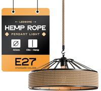 LEDSone Rope Ceiling Pendant Lighting - Vintage Metal 40cm Lightshade 1m Adjustable Hemp Hanging Lamp Retro E27 Light Fixture for Living Room, Kitchen, Hallways, Restaurant