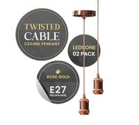 LEDSone Rose Gold Ceiling Pendant Light 2 Pack - Adjustable 95cm Braided Cable with E27 Bulb Holder, Ceiling Rose for Kitchen, Living Room, Bedroom, Dining & Hallway Lighting