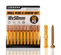 LEDSone Screws and Wall Plugs Set 10 x 50 mm Masonry Brick Concrete Fixings Plugs 50 pcs Assortment Kit Plugs and Screws in Compartment Box Zinc Galvanized 3 Different Size