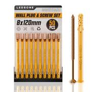 LEDSone Screws and Wall Plugs Set 50 pcs 8 x 120mm Masonry Brick Concrete Fixings Plugs Assortment Kit Plugs and Screws in Compartment Box Zinc Galvanized 3 Different Size