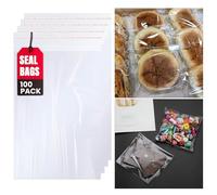 LEDSone Self Adhesive Clear Cellophane Bags 100 Pack (16 x 27 cm / 6.3 x 10.6 Inches) Food Safe Cello Bags for Cookies, Sweets, Gifts, Jewellery & Cards - Peel and Seal Transparent Packaging Bags