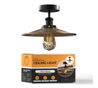 LEDSone Semi-Flush Mount Ceiling Light Fixture - 22cm Brushed Copper Lampshade with Black Ceiling Rose E27 Bulb Base Vintage LED Ceiling Lamp for Kitchen Bedroom Living Room Hallway EPC A+