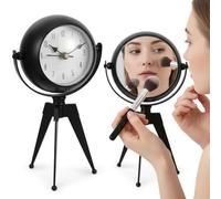 LEDSone Silent 20cm Shelf Clock - Black Retro Non-Ticking Mantel & Desk Piece with Rotatable Mirror, Battery-Operated Tabletop Clock on Tripod Stand