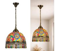 LEDSone Turkish Moroccan Colorful Mosaic Pendant Light Ceiling Hanging Lamp Dome Tiffany Style Lampshade Vintage E27 Decorative Lighting for Bedroom Living Room Hallway Home Décor
